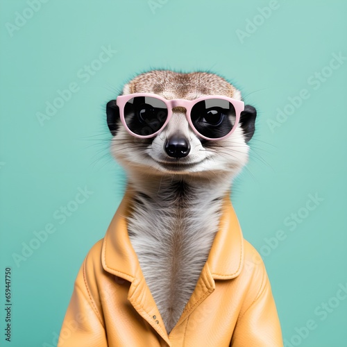 Meerkat in sunglass shade on a solid uniform background, editorial advertisement, commercial. Creative animal concept. With copy space for your advertisement