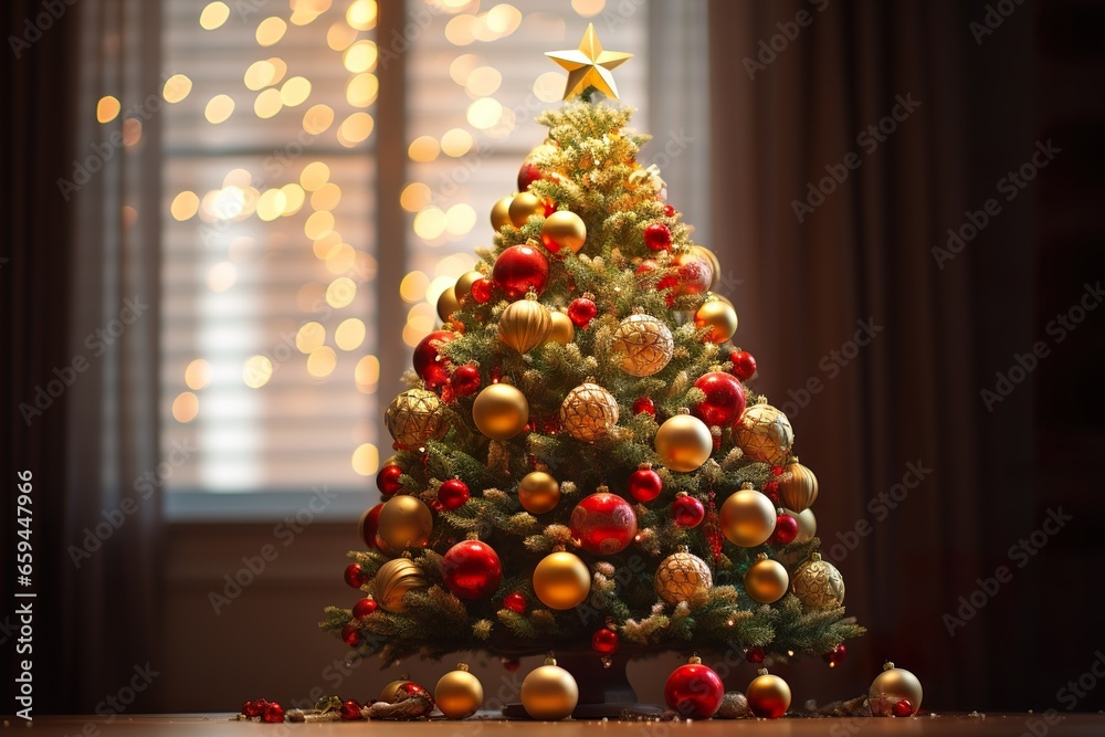 Christmas Tree With Baubles And Blurred Shiny Lights