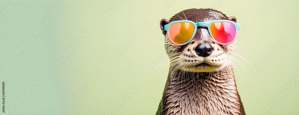 Otter in sunglass shade on a solid uniform background, editorial advertisement, commercial. Creative animal concept. With copy space for your advertisement