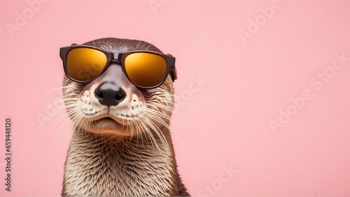 Otter in sunglass shade on a solid uniform background  editorial advertisement  commercial. Creative animal concept. With copy space for your advertisement