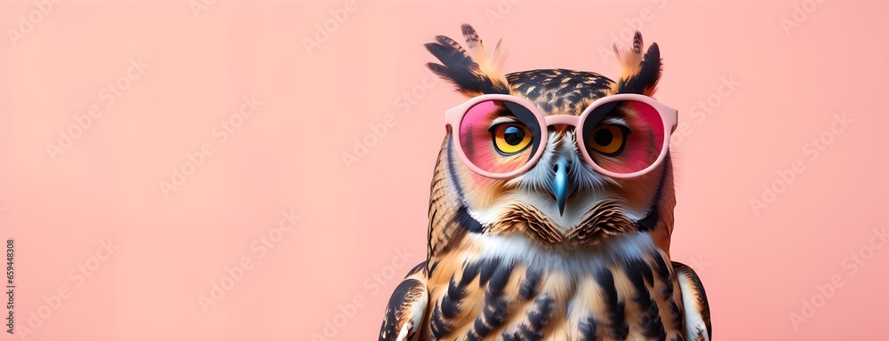 Owl bird in sunglass shade on a solid uniform background, editorial advertisement, commercial. Creative animal concept. With copy space for your advertisement