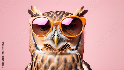 Owl bird in sunglass shade on a solid uniform background  editorial advertisement  commercial. Creative animal concept. With copy space for your advertisement