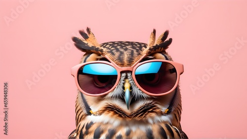 Owl bird in sunglass shade on a solid uniform background  editorial advertisement  commercial. Creative animal concept. With copy space for your advertisement