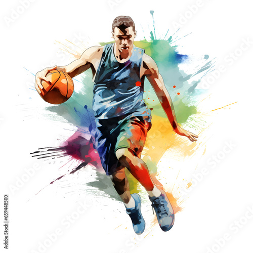 watercolor basketball player in action, basketball player with ball © peekeedee