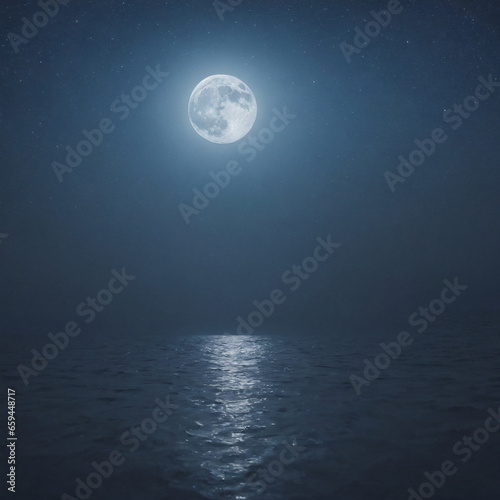 Full moon over the ocean at night with a dark sky.