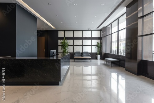Modern corporate lobby with seating area and reception desk. Generative AI