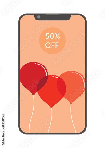 Happy Birthday or different holiday discount 50% off. Phone screen with balloons.