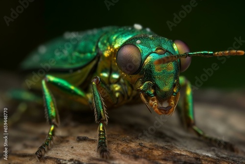 Green insect with large eyes, body covered in gold-dotted wings. Generative AI