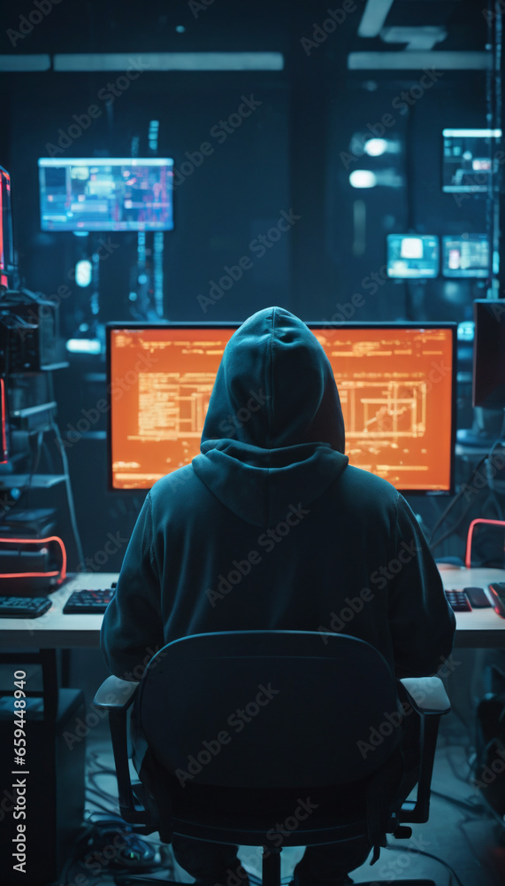 A shadowy figure concealed by a hooded sweatshirt looks at an orange screen, sits in front of a computer. A shadowy figure concealed by a hooded sweatshirt looks at an orange screen, sits in front of a computer.