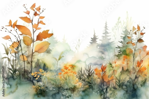 continuous watercolor autumn foliage and plants surrounding. Generative AI
