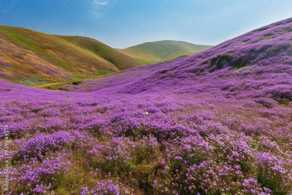 Purple flowered field on hilly terrain. Generative AI
