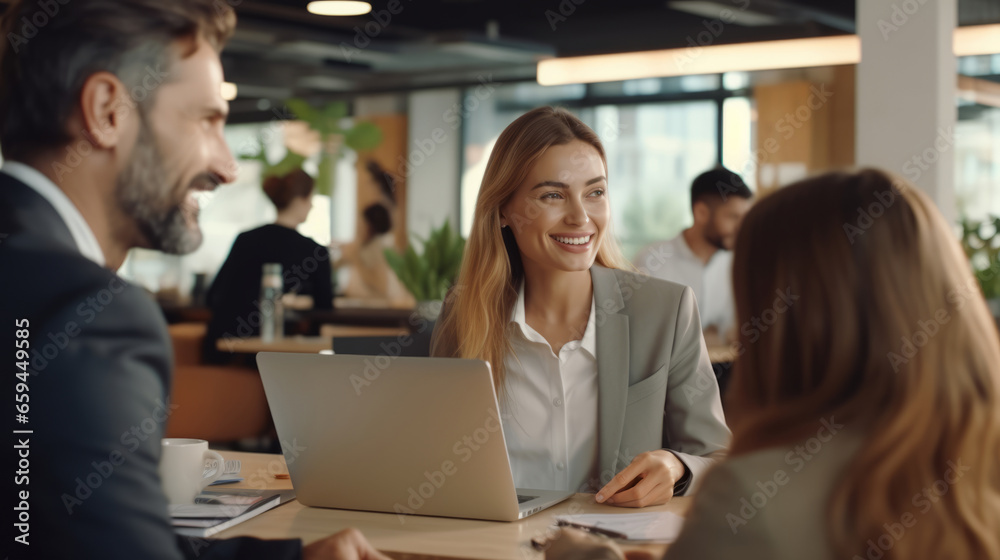 Business professionals, women and man, collaborate during a corporate office meeting, utilizing a laptop for their work, Gender-diverse Team Business professionals, women and man, collaborate during a corporate office meeting, utilizing a laptop for their work, Gender-diverse Team