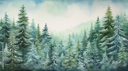 forest cover in snow watercolor Generative AI