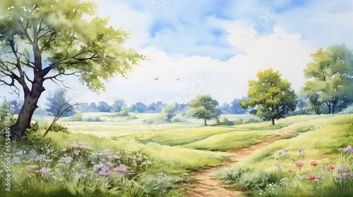 Obraz akwarela, krajobraz wiejski. Wygenerowane przez AI