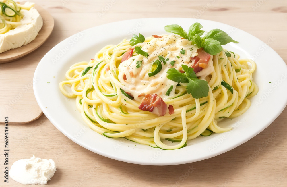 Cream cheese courgette and bacon carbonara spaghetti isolated on wooden background