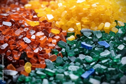 Recycled plastic granules from a plastic crusher with mixed colors. The concept of recycling used plastic. Generative AI