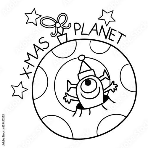 Illustration in black and white of a snowball that looks like a planet from which a Martian with a Santa Claus hat emerges from a crater and says Merry Christmas, Coloring page