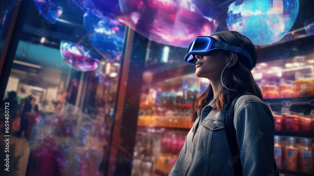 Young woman wearing virtual reality goggles against digitally composite image of night city