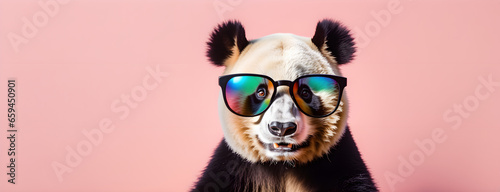 Panda Bear in sunglass shade on a solid uniform background  editorial advertisement  commercial. Creative animal concept. With copy space for your advertisement