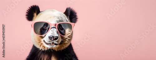 Panda Bear in sunglass shade on a solid uniform background, editorial advertisement, commercial. Creative animal concept. With copy space for your advertisement