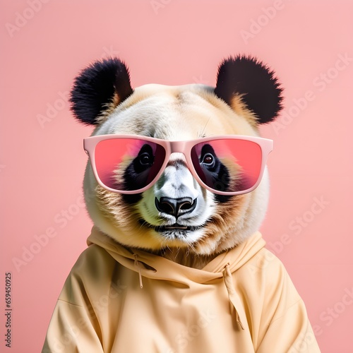 Panda Bear in sunglass shade on a solid uniform background, editorial advertisement, commercial. Creative animal concept. With copy space for your advertisement © 360VP