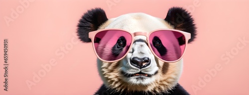 Panda Bear in sunglass shade on a solid uniform background, editorial advertisement, commercial. Creative animal concept. With copy space for your advertisement