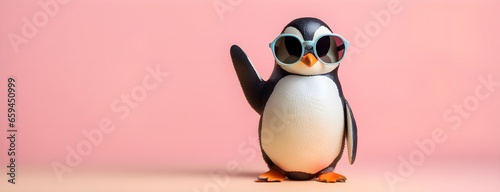 Penguin in sunglass shade on a solid uniform background, editorial advertisement, commercial. Creative animal concept. With copy space for your advertisement
