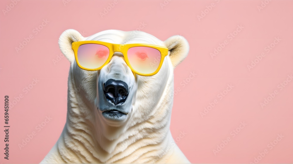 Polar bear in sunglass shade on a solid uniform background, editorial advertisement, commercial. Creative animal concept. With copy space for your advertisement