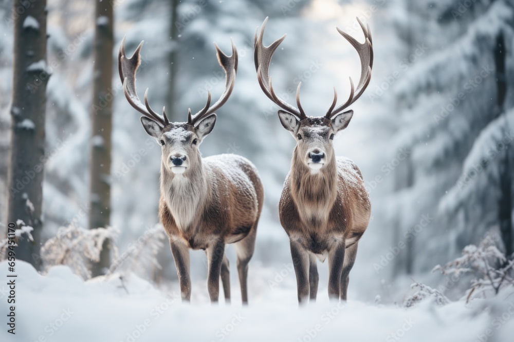 Two cute reindeers in lapland in a reindeer farm, in the forest, snowing day. Two cute reindeers in lapland in a reindeer farm, in the forest, snowing day.