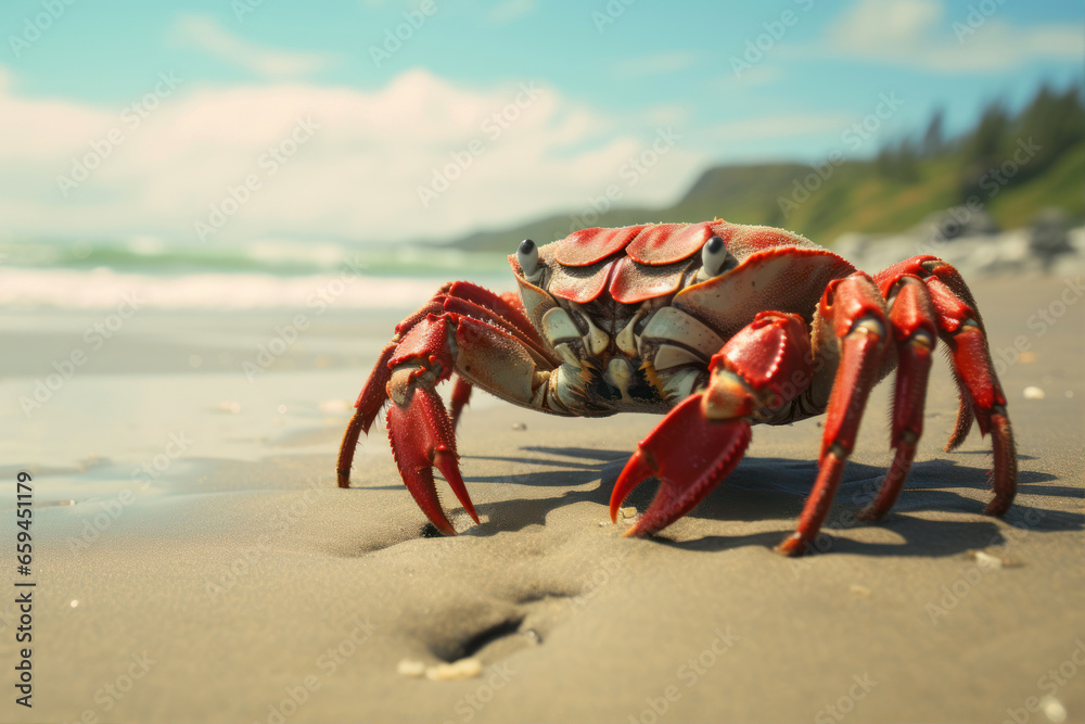 red rock crab on the beach, closeup of photo with soft focus red rock crab on the beach, closeup of photo with soft focus