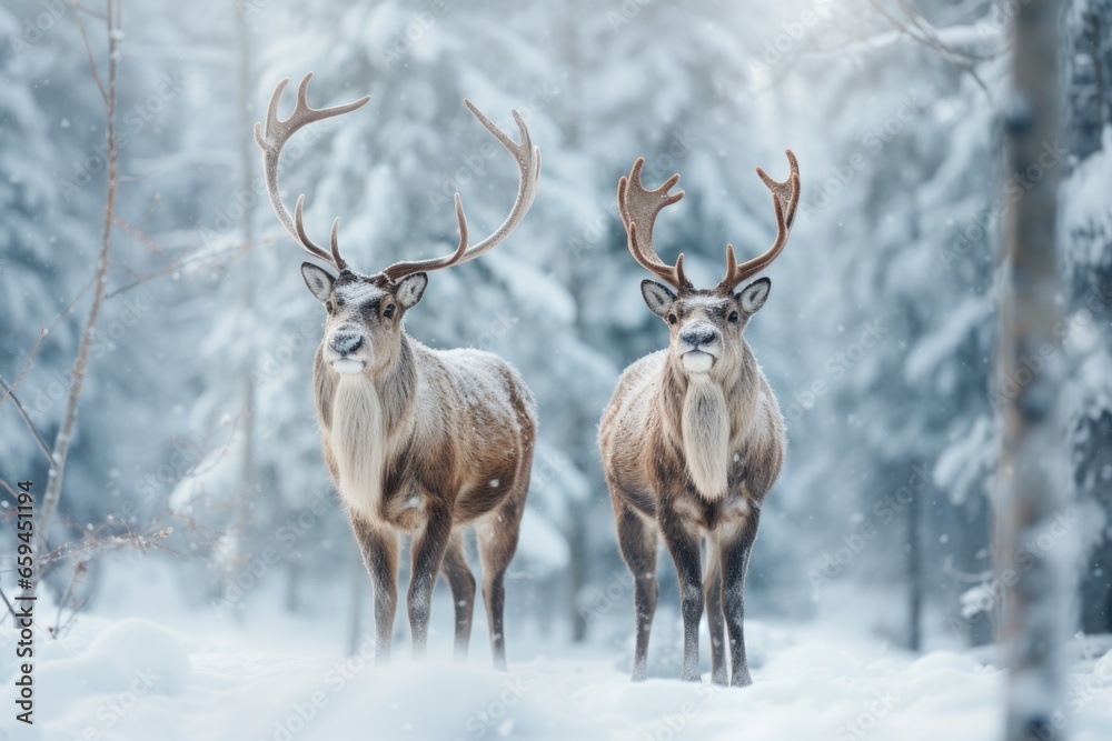 Two cute reindeers in lapland in a reindeer farm, in the forest, snowing day. Two cute reindeers in lapland in a reindeer farm, in the forest, snowing day.