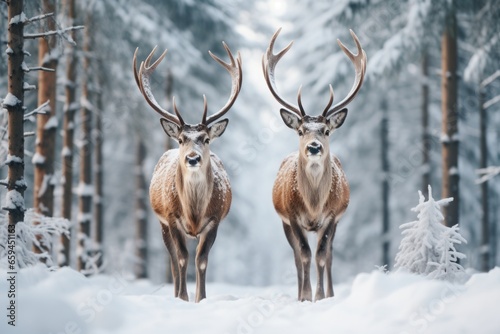 Two cute reindeers in lapland in a reindeer farm  in the forest  snowing day.