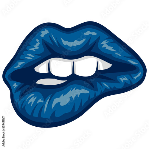 Blue Lips Biting Sexy Pop Art Vector Illustration Design