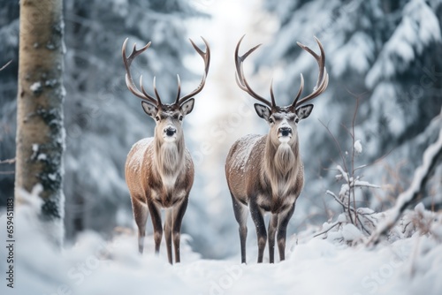 Two cute reindeers in lapland in a reindeer farm, in the forest, snowing day. © Maria Tatic