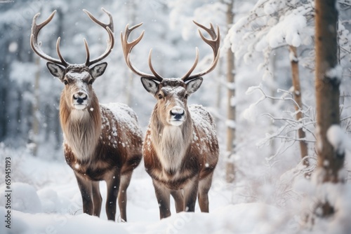 Two cute reindeers in lapland in a reindeer farm, in the forest, snowing day.