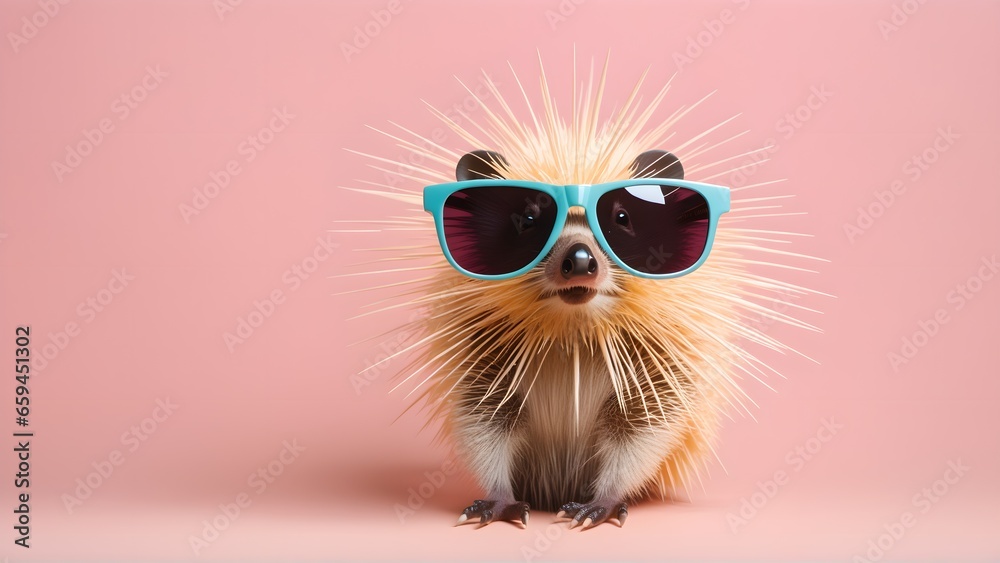 Porcupine in sunglass shade on a solid uniform background, editorial advertisement, commercial. Creative animal concept. With copy space for your advertisement