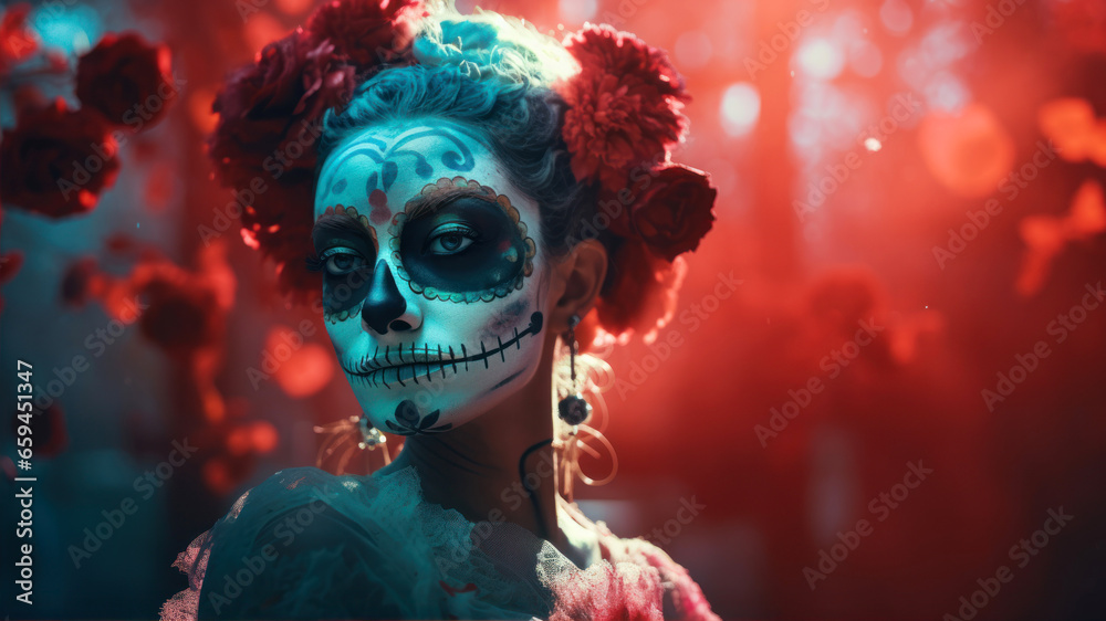 Beautiful woman with sugar skull makeup. Dia de los muertos. Day of The Dead. Halloween.