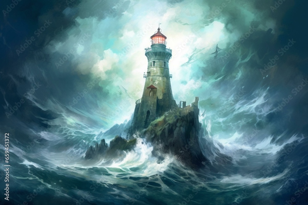 An artwork depicting a lighthouse surrounded by the vast ocean. Generative AI