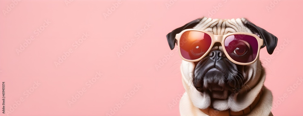 Pug dog in sunglass shade on a solid uniform background, editorial advertisement, commercial. Creative animal concept. With copy space for your advertisement