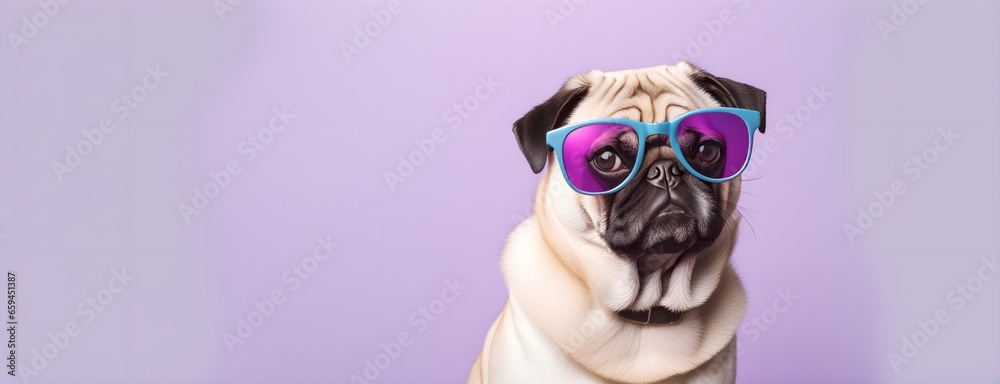 Pug dog in sunglass shade on a solid uniform background, editorial advertisement, commercial. Creative animal concept. With copy space for your advertisement