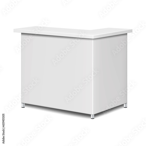 Blank white portable right angle corner exhibition counter with metal legs. Realistic vector mockup. Promotional table display stand mock-up. Template for design