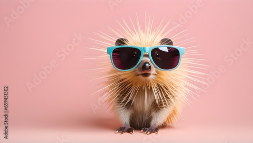 Porcupine in sunglass shade on a solid uniform background  editorial advertisement  commercial. Creative animal concept. With copy space for your advertisement