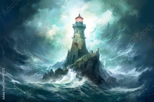 An artwork depicting a lighthouse surrounded by the vast ocean. Generative AI © Farrah