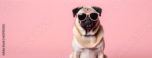 Pug dog in sunglass shade on a solid uniform background, editorial advertisement, commercial. Creative animal concept. With copy space for your advertisement © 360VP