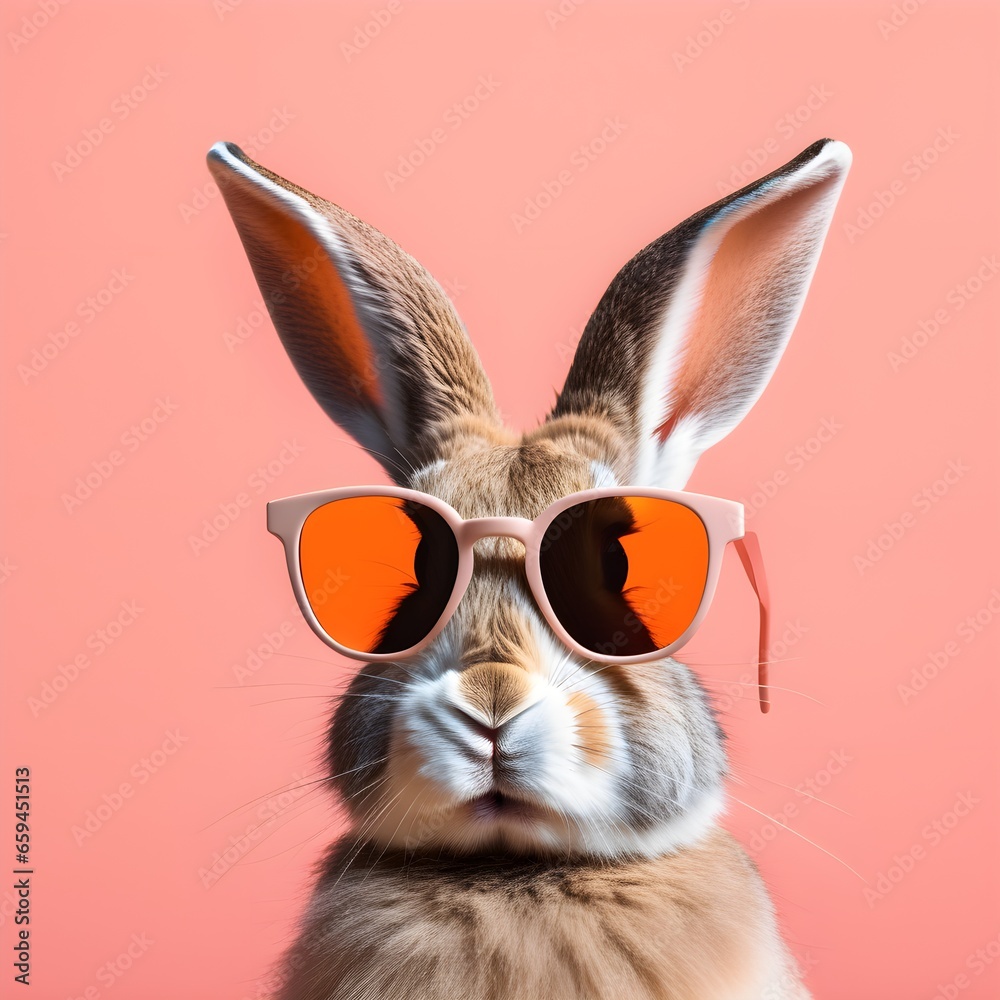 Rabbit Bunny in sunglass shade on a solid uniform background, editorial advertisement, commercial. Creative animal concept. With copy space for your advertisement