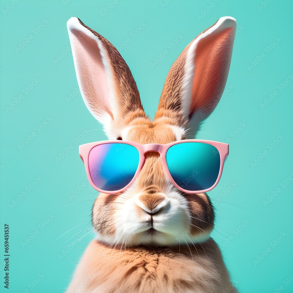 Rabbit Bunny in sunglass shade on a solid uniform background, editorial advertisement, commercial. Creative animal concept. With copy space for your advertisement