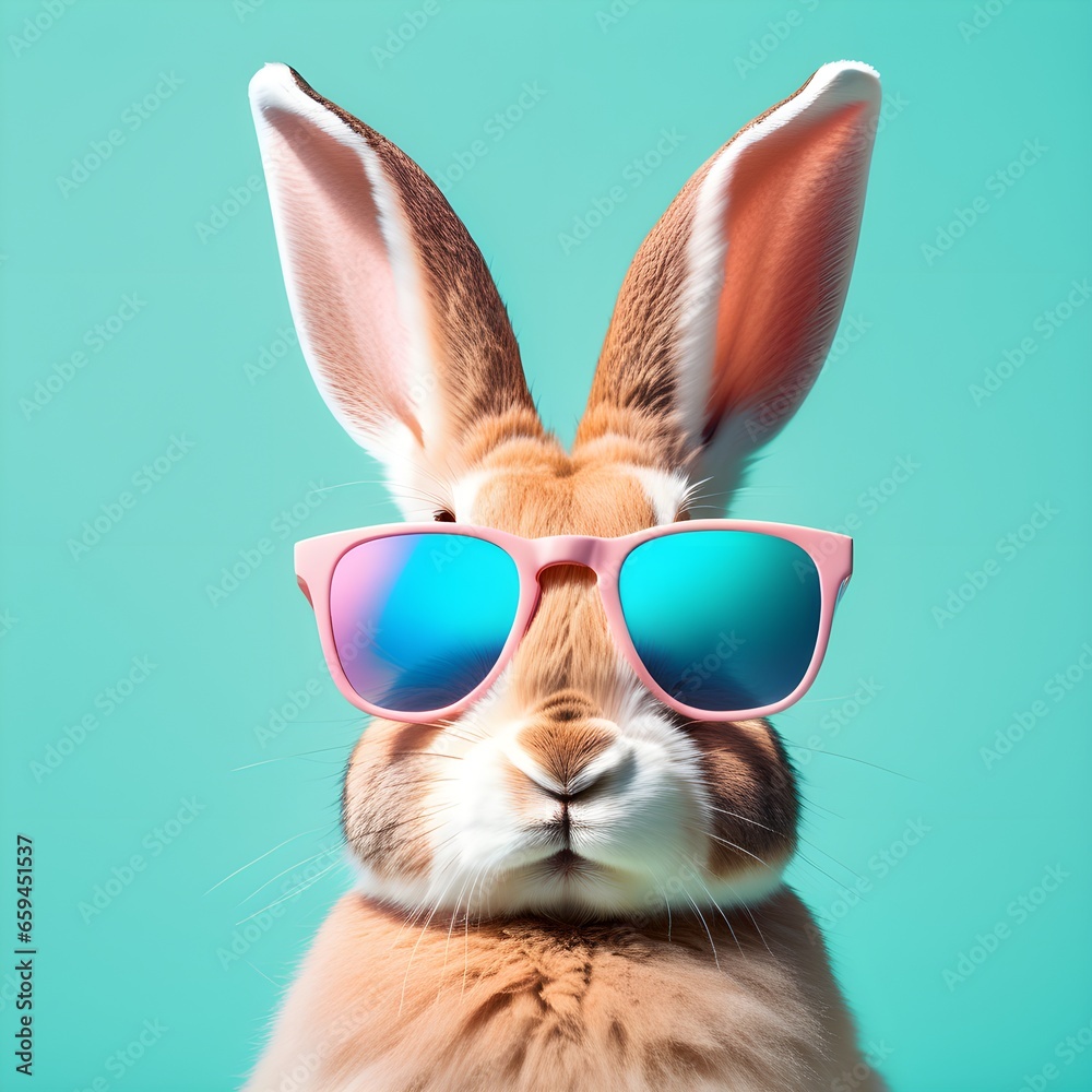 Rabbit Bunny in sunglass shade on a solid uniform background, editorial advertisement, commercial. Creative animal concept. With copy space for your advertisement Rabbit Bunny in sunglass shade on a solid uniform background, editorial advertisement, commercial. Creative animal concept. With copy space for your advertisement