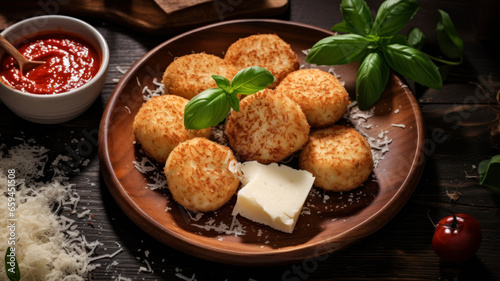 Potato croquettes with cheese and tomato sauce on wooden background photo