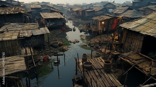 Income inequality, a view of a slum with dilapidated shanty houses. Poor people concept, Flimsy shacks with corrugated tin roofs make up a township
