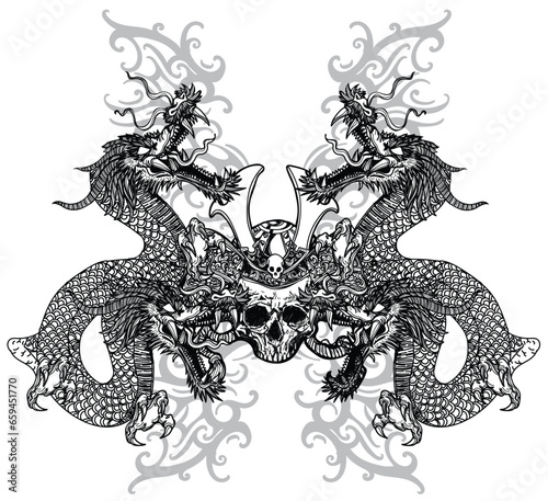 Tattoo art dragon and skull wearing a Japanese warrior helmet drawing and sketch black and white